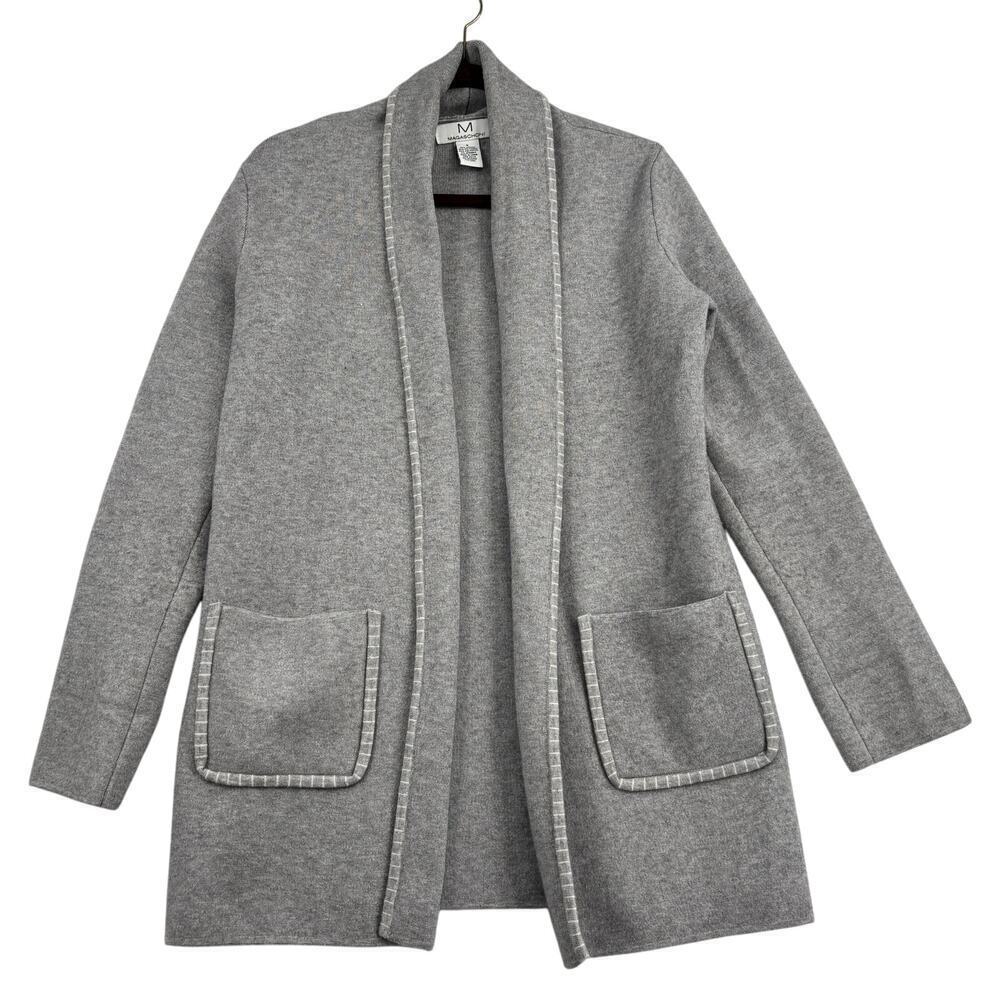Magaschoni Cardigan Sweater Size S Gray Open Front Tunic Stripe Trim Oversized‎